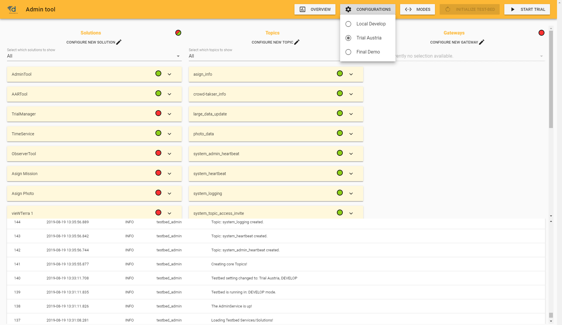 Selecting a different configuration in the Admin tool