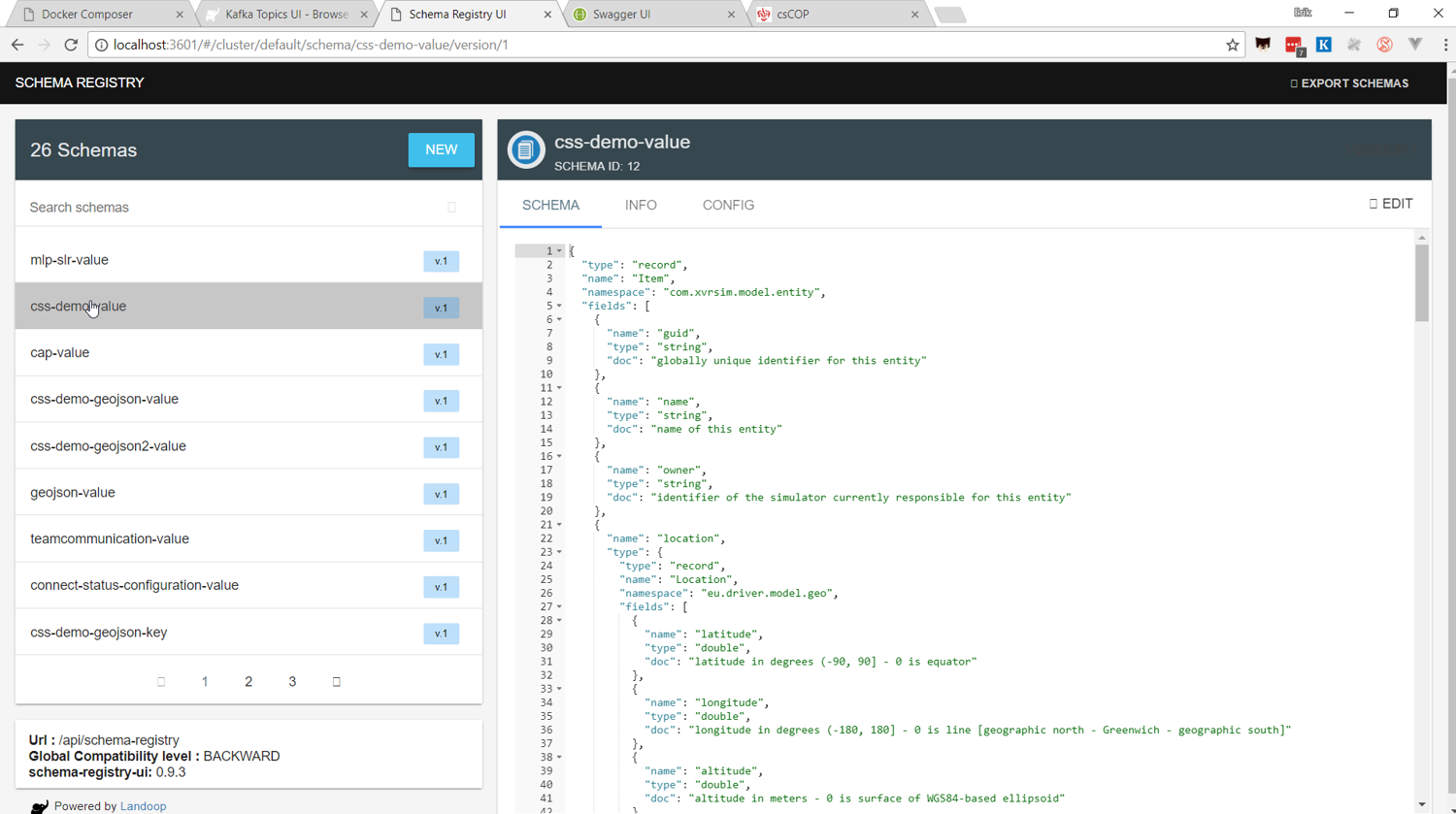 Screenshot of Landoop's AVRO schema registry, which is part of our test-bed