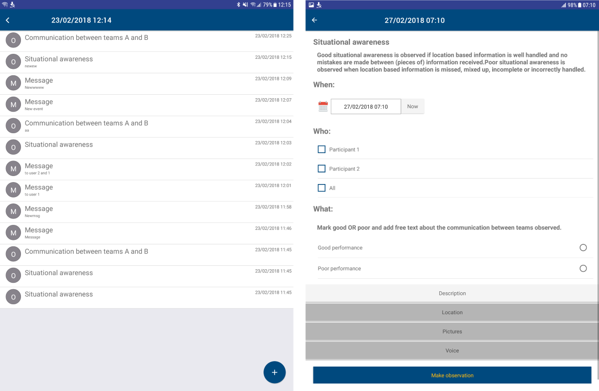 Observer Support Tool: Left, an overview of available observation templates. Right, one of the observation templates is selected