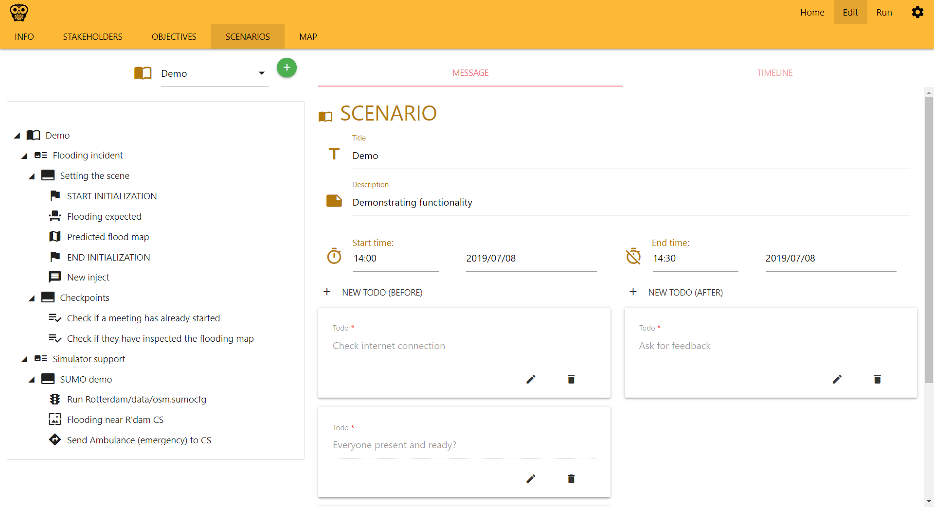 Edit a scenario, including specifying start and end time and creating checklists