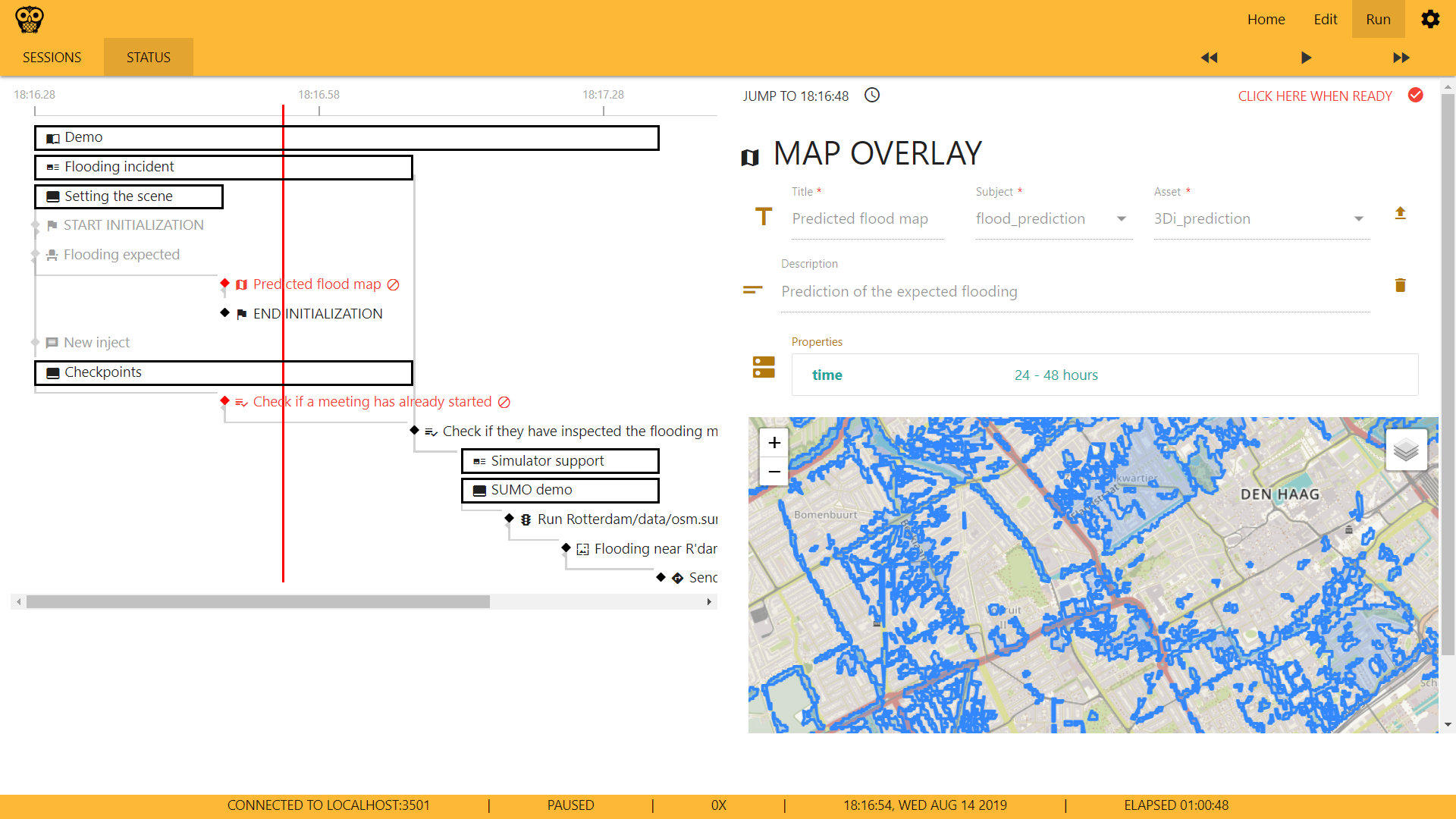 A running scenario can be paused, and certain messages require manual confirmation